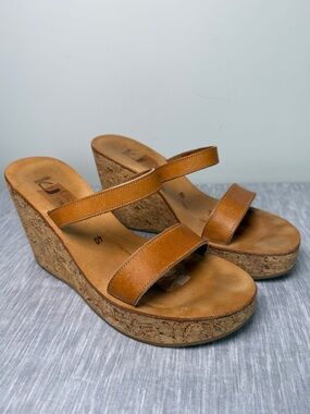 K Jacques St Tropez Cork Wedge Sandals Tan Leather Sz 9/40